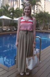 Orange Stripe Tank, Brown Maxi Skirt, Asos Sandals, LV Damier Neverfull, Duck Race