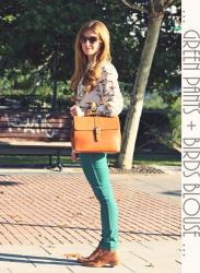 GREEN PANTS + BIRDS BLOUSE