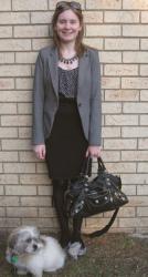 Grey Zara Blazer, Jeanswest Polka Dot Cami, Pencil Skirt, Studded Flats, Balenciaga Part Time