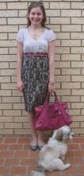 Pattern Mixing: Blue Lace Pencil Skirt, Printed Top, Pink Accessories, Balenciaga Magenta Work