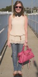 Poppywinkle Chiffon Pleat Top, Jeanswest Skinnies, MbMJ Flats, Balenciaga Sorbet Bag