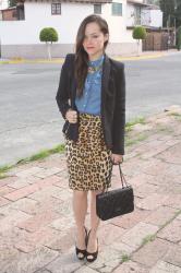 Denim shirt + leopard print skirt.