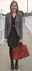 Grey Zara Blazer, Jeanswest Printed Navy Dress, Balenciaga Rouille Work, Asos Aggie Boots