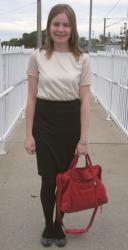 Metallic Tee, Black Pencil Skirt, Studded Flats, Balenciaga Coquelicot Velo