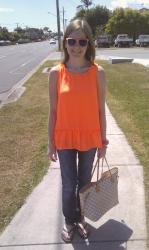 Halloween: Neon Orange Studded Top, Jeans, LV Damier Azur Neverfull