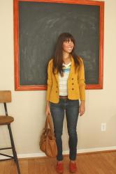 Back to School in Mustard, Retro Stripes, and Menswear Loafers