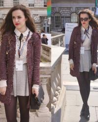 Frayed Boucle Jacket / Bib Tie Blouse at London Fashion Week