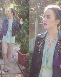Mint Playsuit and DIY Spiked Leather Jacket
