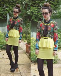 Tropical Blouse / Neon Peplum Skirt
