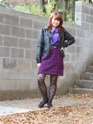 Bow Tights & Pink and Purple Plaid in a Mostly Thrifted Outfit