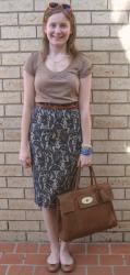 Kmart Tee, Asos Blue Lace Pencil Skirt, Tan Accessories, Marc by Marc Jacobs Flats, Mulberry Bayswater Bag