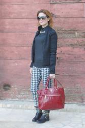 Houndstooth pants, studded biker boots