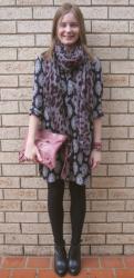 Printed Zara Dress, Leopard Pink and Grey Scarf, Asos Aggie Ankle Boots, Balenciaga Rose Bruyere Clutch