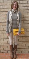 Skull Scarf, Green Stripe Tee, Skinny Jeans, Cleo Boots, Balenciaga Envelope Clutch