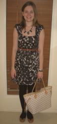 French Connection Printed Dress, Marc by Marc Jacobs Flats, Louis Vuitton Damier Neverfull
