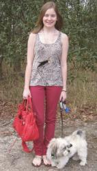 Printed Singlet, Red Skinny Jeans, Balenciaga Coquelicot Velo, Asos Sandals
