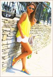 My look: Yellow top and white shorts 