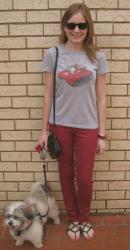 Threadless Grey Swiss Army Tee, Red Skinny Jeans, Asos Sandals, Chloe Bag