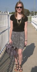 Black Tee, Paisley Print Skirt, Asos Sandals, Mulberry Foggy Grey Alexa Bag