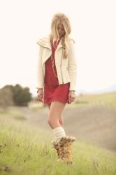 A Swedish Winter: Red Lace Dress & Fur Boots