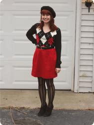 Argyle Sweater with a Red Skirt, Striped Tights, & Beret
