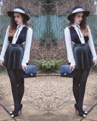 Monochrome Shirt / Silk Ribbon Hat / Pleated Leather Skirt 