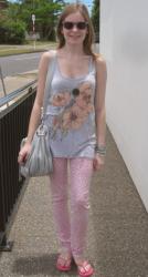 Boxing Day Sale Links, Grey Singlet, Pink Leopard Print Skinny Jeans, Mimco Cocoon Bag