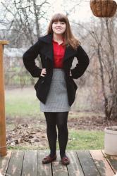 A Jeanie Outfit: Houndstooth Pencil Skirt, a Red Blouse, & Leopard Loafers