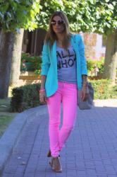 Bright colors (pink pants and mint jacket)