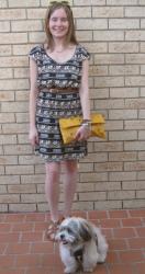 Aztec Print Dress, Balenciaga Envelope Clutch | Orange Stripe Tank, Shorts, Louis Vuitton Monogram Speedy