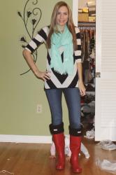 CHEVRON SWEATER, MINT SCARF & RED BOOTS