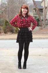 Cat Print Shirt, Ruffled Skirt