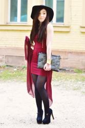 red dress and gold studs