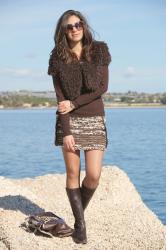 Brown short fur jacket.