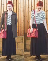 Sailor stripes and navy pleats.