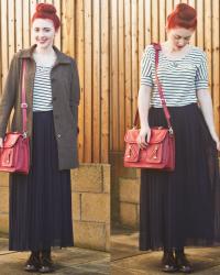 Sailor stripes and navy pleats.