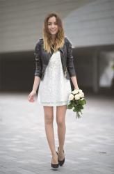 White Sequin Dress with Leather Jacket