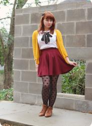 Maroon Skirt, Yellow Cardigan, & Plenty of Polka Dots