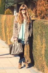 FAUX FUR COAT AND AQUAMARINE SWEATER