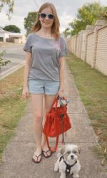 Casual: Jeanswest Printed Shorts, Marc by Marc Jacobs Blossom Pocket Grey Tee, Balenciaga Coquelicot Velo