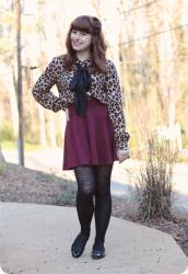 Leopard Print Blouse, Maroon Skater Skirt, & Retro Makeup