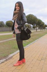 Leather skirt and navy t-shirt