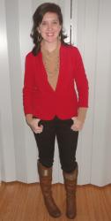 Pinspiration Week Day 2: Red Blazer, Camel Sweater, Black Skinnies