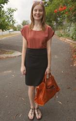 French Connection Brown Silky Shirt, Jeanswest Pencil Skirt, Balenciaga Rouille Work, Wittner Studded Sandals