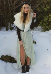 maxi dress & faux fur collar