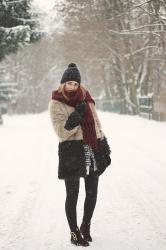 Contrast fur coat and burgundy scarf