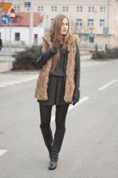Fur vest and two tone dress