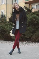 Burgundy pants and chelsea boots