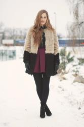 Two tone fur coat, check shirt and wedge boots
