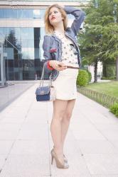 DENIM BLAZER AND TWEED SKIRT WITH STUDS